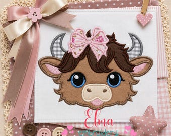 Highland Cow Girl Appliqué Embroidery Design Farm Animal Baby Girl (Digital Download)