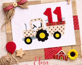Traktor Zahl 11 Applikation Stickmuster Stickdatei Bauernhof Geburtstag (Digitaler Download)