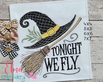 Witch Hat Embroidery Design: Halloween Broom, 'Tonight We Fly' (Digital File)