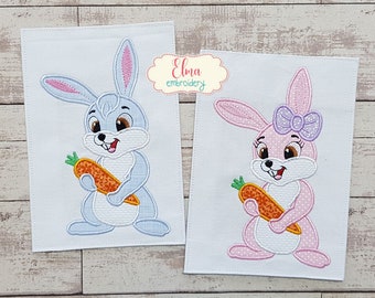 Easter Bunny Girl and Boy Holding a Carrot - Machine Embroidery Design - Applique - Set of 2 designs - 4x4 5x4 5x7 5x8 6x10 7x12 - Easter