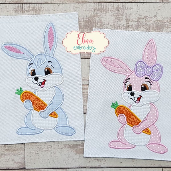 Easter Bunny Girl and Boy Holding a Carrot - Machine Embroidery Design - Applique - Set of 2 designs - 4x4 5x4 5x7 5x8 6x10 7x12 - Easter