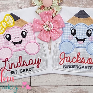 Happy School Pencil Boy and Girl - Applique - 4x4 5x5 6x6 7x7 - Machine Embroidery Design - School Embroidery - Back to School Embroidery