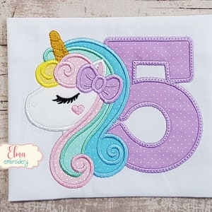 ユニコーン ナンバー 5 5歳の誕生日 - アップリケ - 4x4 5x5 6x6 7x7 - 機械刺繍デザイン - 誕生日刺繍 - 誕生日ユニコーン