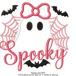 Peut inclure: Un fant&ocirc;me blanc avec des yeux noirs et un n&oelig;ud rose, entour&eacute; d'une toile d'araign&eacute;e et de chauves-souris roses. Le mot "Spooky" est &eacute;crit en rose en dessous. Th&egrave;me d'Halloween.