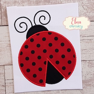 May include: Red ladybug with black polka dots and black antennae. The ladybug is outlined in red.