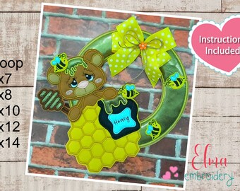 Teddy Bear Honey Bee Wreath Embroidery Design (Instructions Included)