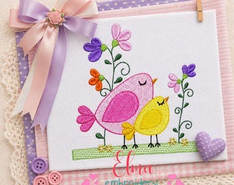 Diseño de bordado de pájaros primaverales con flores para decoración de jardín (descarga digital)