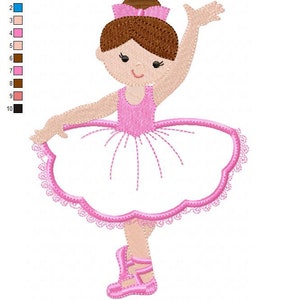 May include: A pink ballerina doll with brown hair and a pink bow. She is wearing a pink tutu and pink shoes. The doll is 5.07 inches by 7.07 inches and has 16,583 stitches.