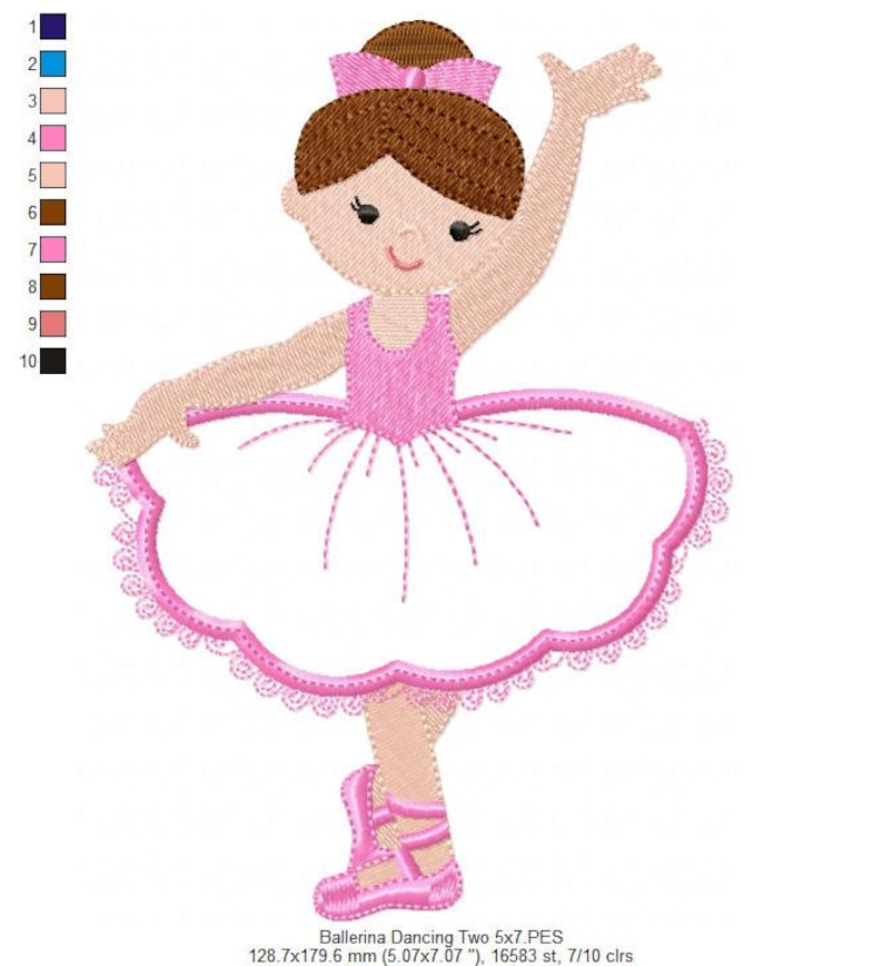 May include: A pink ballerina doll with brown hair and a pink bow. She is wearing a pink tutu and pink shoes. The doll is 5.07 inches by 7.07 inches and has 16,583 stitches.