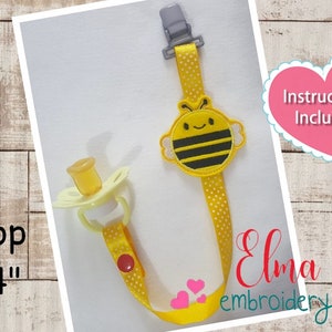 Bumble Bee Pacifier Binky Clip ITH Project - Applique - 4x4 - Pacifier clip Embroidery - Machine Embroidery Design - Instructions Included