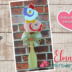 Chicken and Pig Spoons Applique: Kitchen Embroidery Design (5x7 5x8) (Digital Download)