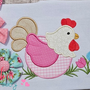 Chicken with Tulips - Machine Embroidery Design - Applique Animal Embroidery - 4x4 5x4 5x7 5x8 6x10 7x12 - Chicken Applique Kitchen Animals