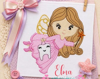 May include: Embroidered design featuring a tooth fairy with a tooth and a star wand. The fairy has long brown hair, gold wings, and a pink dress. The design is on a white square, with a pink and purple bow and the text "Elma embroidery".