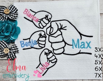 Family Hands Embroidery Design: Dad and 3 Kids Fill Stitch (Digital Download)