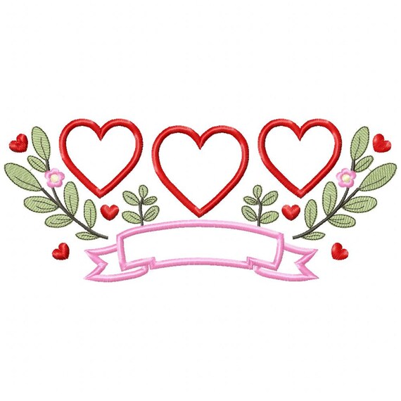 Hearts Trio Flowers Applique - Machine Embroidery Design (5x7 5x8
