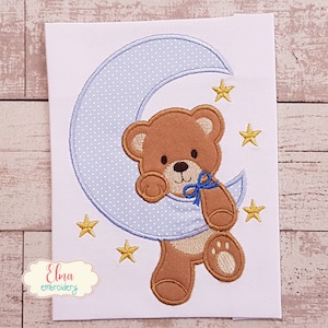 Bear Boy on the Moon Machine Embroidery Design Applique Animal Embroidery 4x4 5x4 5x7 5x8 6x10 7x12 Teddy Bear Embroidery image 1