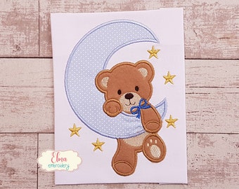 Bear Boy on the Moon - Machine Embroidery Design - Applique - Animal Embroidery - 4x4 5x4 5x7 5x8 6x10 7x12 - Teddy Bear Embroidery