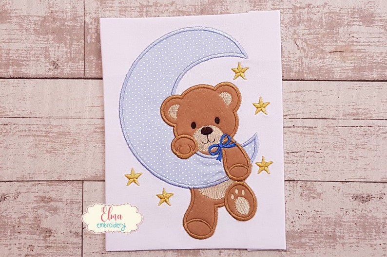 Bear Boy on the Moon Machine Embroidery Design Applique Animal Embroidery 4x4 5x4 5x7 5x8 6x10 7x12 Teddy Bear Embroidery image 1