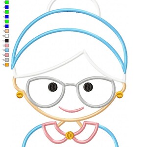 Puede incluir: Ilustraci&oacute;n de dibujos animados de la cara de una abuela sonriente, con gafas, un mo&ntilde;o y un cuello rosa. El dise&ntilde;o utiliza colores azul, blanco, negro, dorado y beige. La imagen incluye el texto "Grandma 7x12.PES".