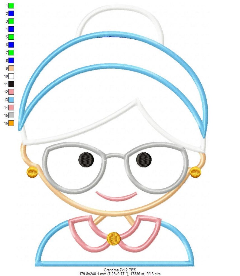 Puede incluir: Ilustraci&oacute;n de dibujos animados de la cara de una abuela sonriente, con gafas, un mo&ntilde;o y un cuello rosa. El dise&ntilde;o utiliza colores azul, blanco, negro, dorado y beige. La imagen incluye el texto "Grandma 7x12.PES".