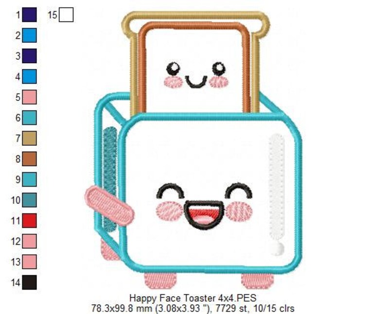 May include: A blue and white cartoon toaster with a smiling face and a slice of bread inside. The bread is also a cartoon with a smiling face. The toaster is 78.3 mm by 99.8 mm (3.08 inches by 3.93 inches) and has 7729 stitches. It is made with 10 different colors.