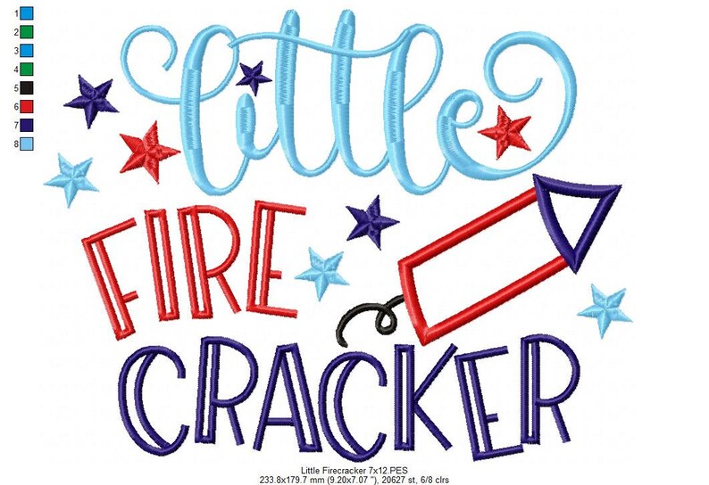 May include: An embroidery design featuring the text "little FIRE CRACKER" in light blue, red, and dark blue. The design includes a red and dark blue firecracker icon, several stars in red, dark blue, and light blue, and a color chart.