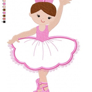 May include: A pink and white ballerina doll with brown hair and a pink bow. The doll is wearing a pink leotard and a white tutu with pink trim. The doll is standing on one leg with her other leg raised in the air. The doll is smiling and has her arm raised in the air.