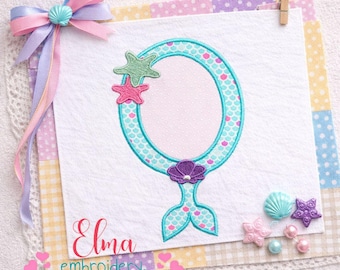 Mermaid Mirror Frame Embroidery Design Monogram Applique Ocean Theme (Digital Download)