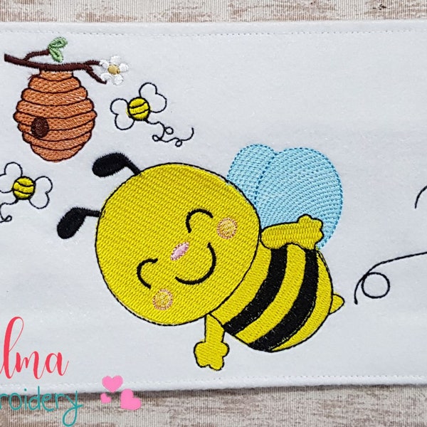 Happy Bumble Bee and Beehive - 4x4 5x4 5x7 5x8 6x10 7x12 - Machine Embroidery Design - Bee Embroidery - Beehive Flowers Embroidery