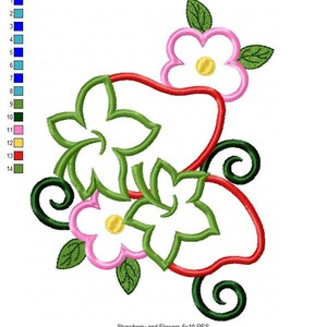 May include: Embroidered design of a red strawberry with green leaves and two pink flowers with yellow centers. The design is 5.5 inches by 7.3 inches and has 15,250 stitches.