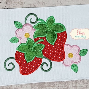 Morango e flores - Design de bordado de apliques - 5x7 6x10 7x12 - Design de bordado à máquina - Bordado de frutas