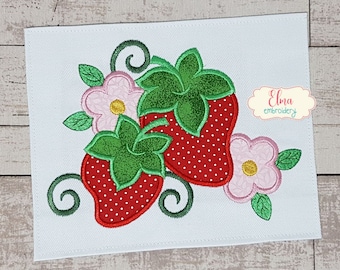 Strawberry and Flowers - Applique Embroidery Design - 5x7 6x10 7x12 - Machine Embroidery Design - Fruit embroidery
