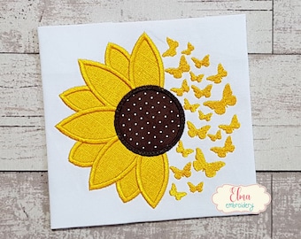 Summer Sunflower and Butterflies - Applique Embroidery - 4x4 5x5 6x6 7x7 - Machine Embroidery Design - Spring Sunflower Embroidery