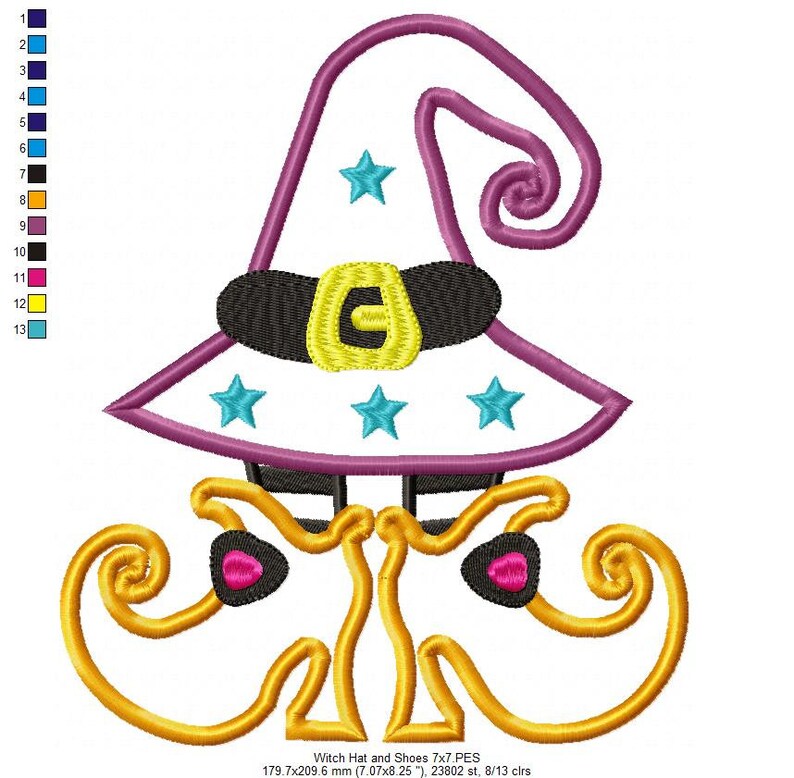 May include: A purple witch hat with a yellow buckle and a black band, with turquoise stars on the hat. The hat is sitting on top of a pair of yellow witch shoes with pink accents.