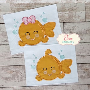Menino e menina peixinho dourado - Desenho de bordado à máquina - Bordado de apliques - Desenho de bordado de animais - 4x4 5x7 6x10 7x12 - Conjunto de 2 desenhos