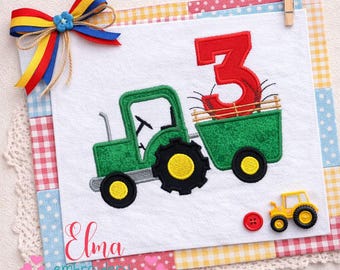 Traktor Zahl 3 Applikation Stickmuster Bauernhof Geburtstag Shirt (Digitaler Download)