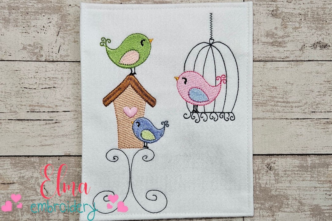 Birds and Bird Cage Machine Embroidery Design Fill Stitch Embroidery