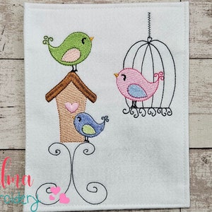 Birds and Bird Cage Machine Embroidery Design (Digital Download)
