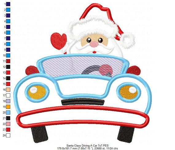 車に乗ったサンタのアップリケ：クリスマスの機械刺繍デザイン（4x4