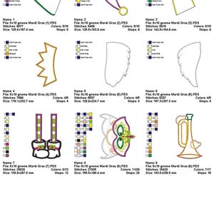 K&ouml;nnte beinhalten: Neun bunte Stickmuster f&uuml;r Mardi Gras, mit einer Krone, Fl&uuml;geln, einer Maske, einer Trompete und mehr. Jedes Design ist etwa 15 cm x 25 cm gro&szlig;.