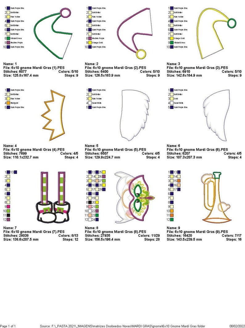K&ouml;nnte beinhalten: Neun bunte Stickmuster f&uuml;r Mardi Gras, mit einer Krone, Fl&uuml;geln, einer Maske, einer Trompete und mehr. Jedes Design ist etwa 15 cm x 25 cm gro&szlig;.