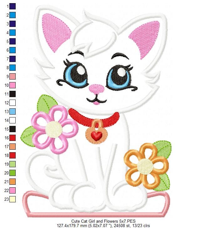 Cute Cat Girl and Flowers - Machine Embroidery Design - Applique ...