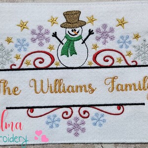 May include: Embroidered Christmas stocking featuring a snowman, snowflakes, and stars. The stocking is personalised with the text "The Williams Family". Available in sizes 5x4, 5x7, 5x8, 6x10, and 7x12 inches.