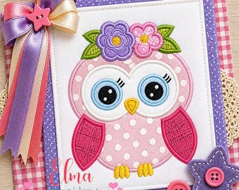 Diseño de bordado con aplique de búho floral para niña (descarga digital)