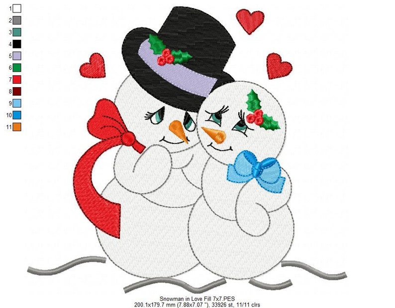Pu&ograve; includere: Due pupazzi di neve innamorati, uno con un cappello a cilindro nero con agrifoglio e bacche, l'altro con un fiocco blu. Entrambi sono bianchi con le guance rosse e gli occhi neri. Ci sono tre cuori rossi che galleggiano sopra di loro.