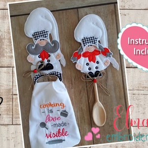Kitchen Gnome Chefs Apply for Spoons Embroidery Project - Applique - 5x7 - Machine Embroidery Design -Instructions Included - Kitchen Design