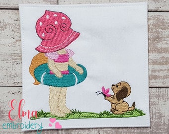 Summer Girl and Puppy Fill Stitch Embroidery Design (Digital Download)