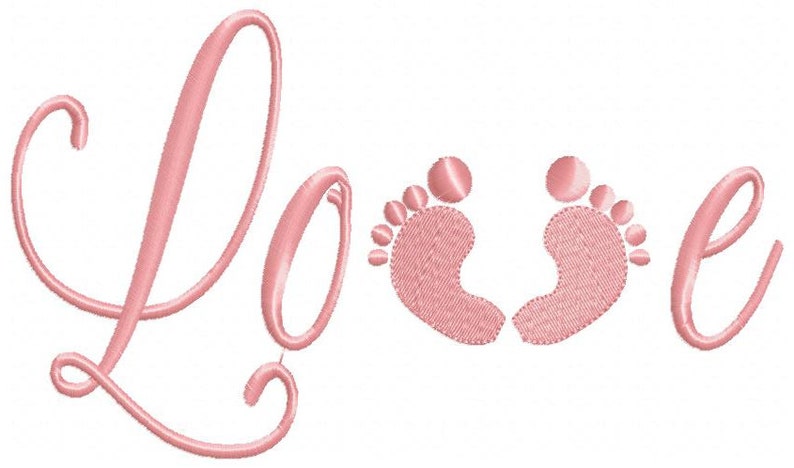 May include: Pink cursive lettering spelling "Love" with two pink baby footprints in the center.