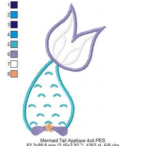 Puede incluir: Dise&ntilde;o de bordado digital de un aplique de cola de sirena. El dise&ntilde;o presenta una cola turquesa con detalles de escamas, una aleta morada y una peque&ntilde;a estrella de mar. Se incluye el texto "Mermaid Tail Applique".