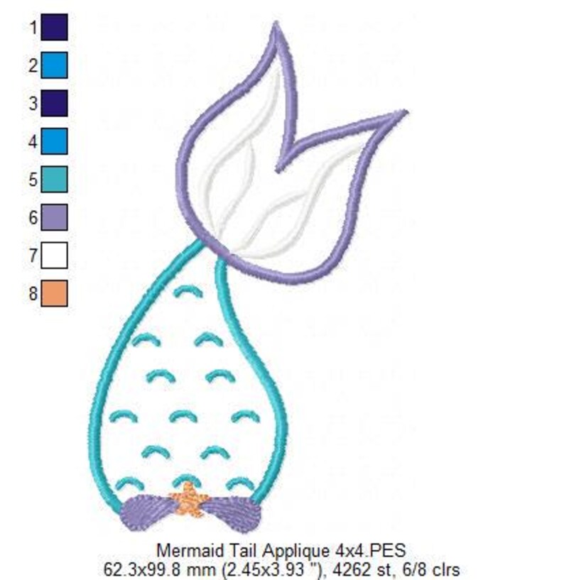 Puede incluir: Dise&ntilde;o de bordado digital de un aplique de cola de sirena. El dise&ntilde;o presenta una cola turquesa con detalles de escamas, una aleta morada y una peque&ntilde;a estrella de mar. Se incluye el texto "Mermaid Tail Applique".